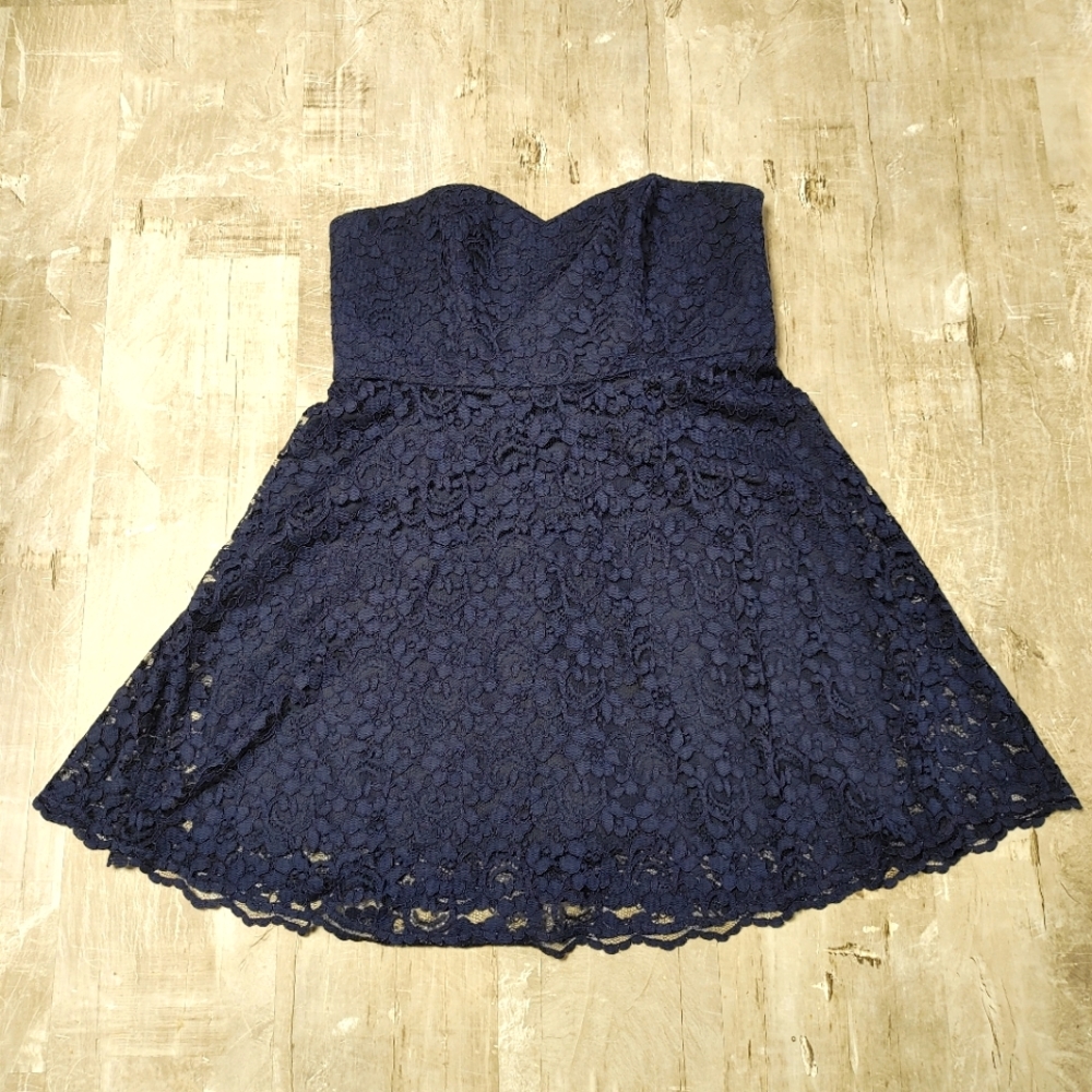 David's Bridal Tea Length Navy Blue Lace Sweet Heart Strapless Bridesmaid Dress